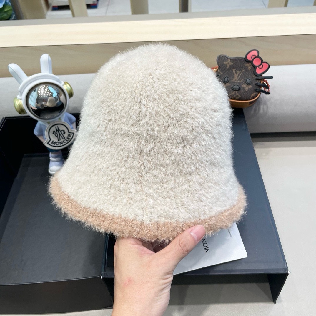 moncler风帽子女秋冬款百搭毛绒渔夫帽显脸小针织水桶帽日系保暖盆帽
