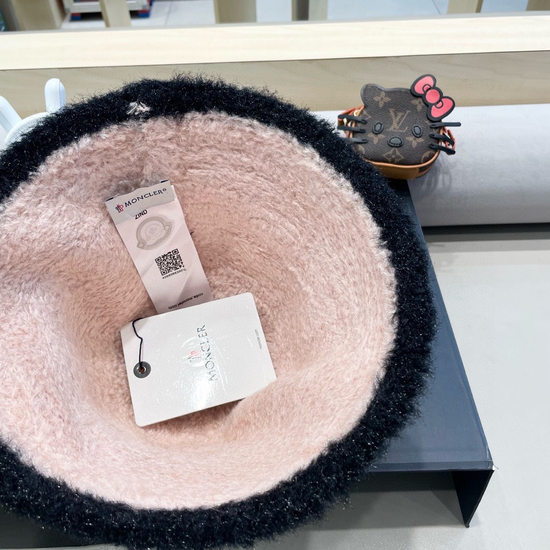 moncler风帽子女秋冬款百搭毛绒渔夫帽显脸小针织水桶帽日系保暖盆帽