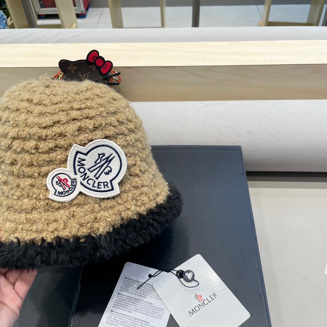moncler毛绒水桶帽子女秋天2024新款显脸小针织盆帽小香风冬季保暖渔夫帽