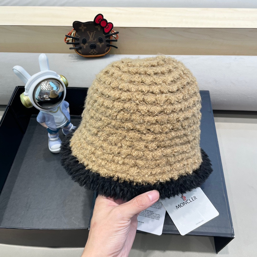 moncler毛绒水桶帽子女秋天2024新款显脸小针织盆帽小香风冬季保暖渔夫帽