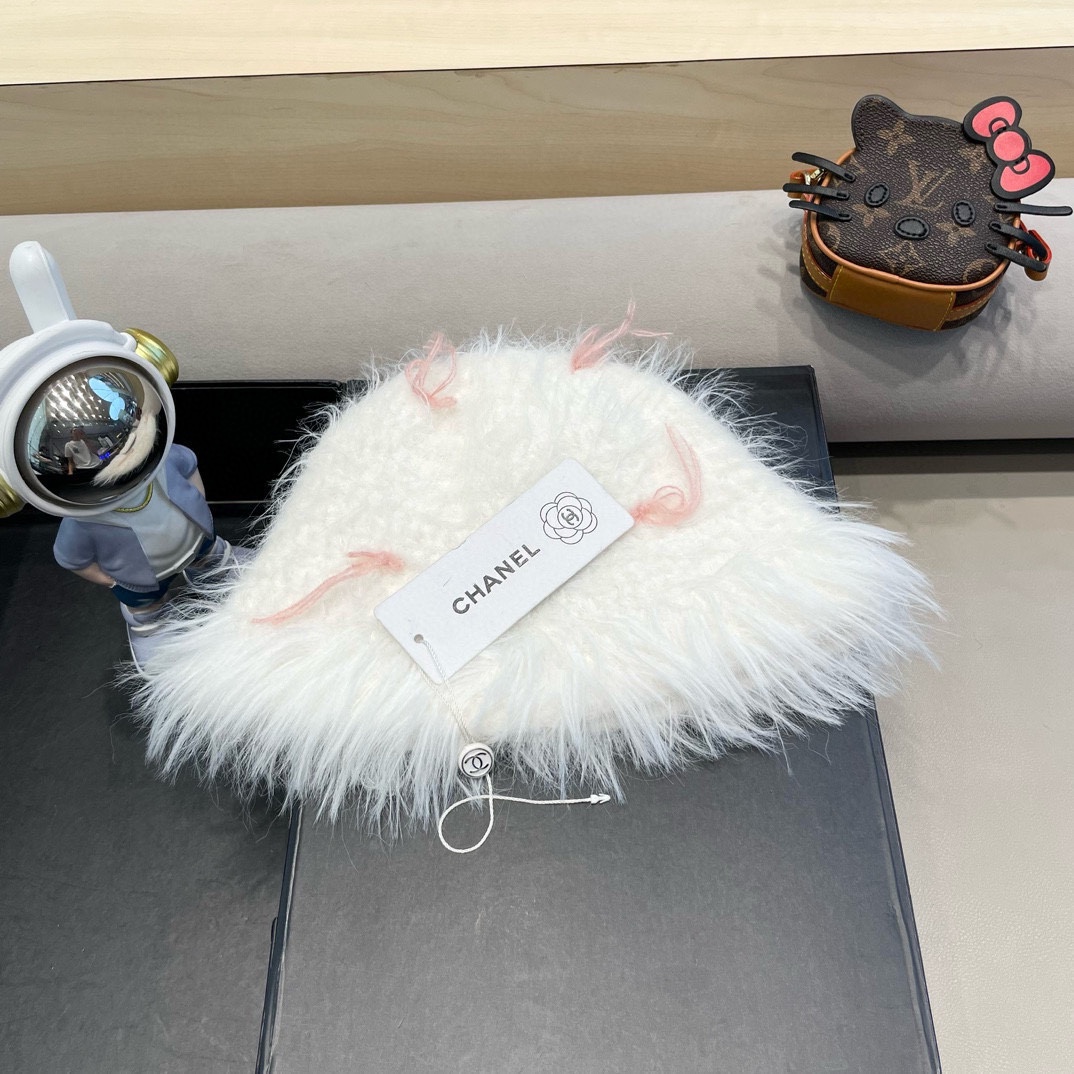 chanel复古仿貂毛冬季渔夫帽2024设计感蝴蝶结白色毛线帽显脸小毛毛盆帽
