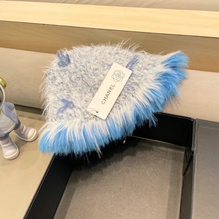 chanel复古仿貂毛冬季渔夫帽2024设计感蝴蝶结白色毛线帽显脸小毛毛盆帽