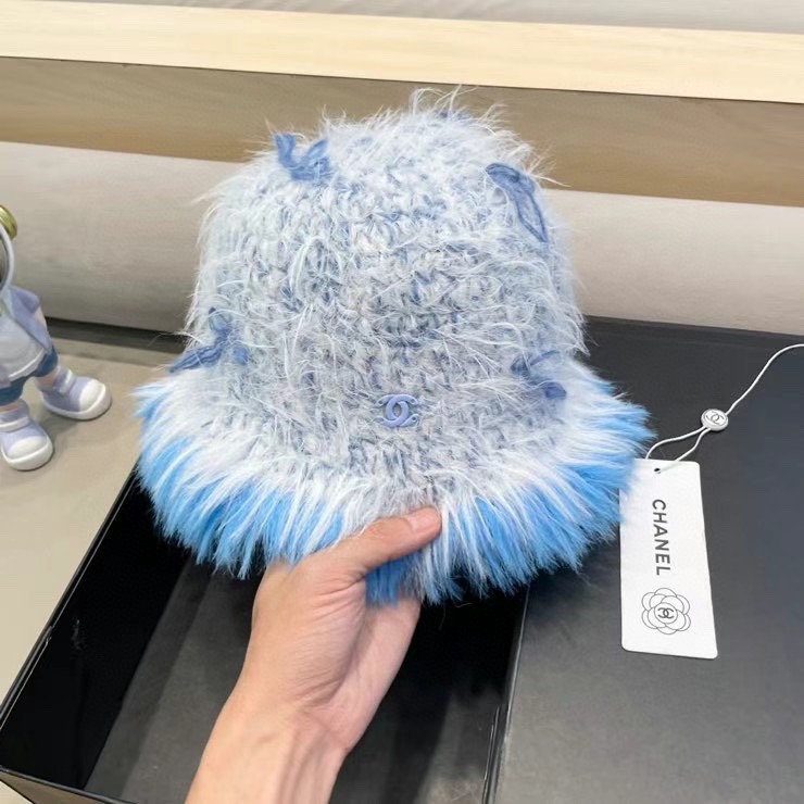 chanel复古仿貂毛冬季渔夫帽2024设计感蝴蝶结白色毛线帽显脸小毛毛盆帽
