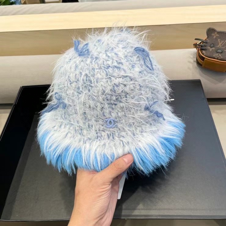 chanel复古仿貂毛冬季渔夫帽2024设计感蝴蝶结白色毛线帽显脸小毛毛盆帽