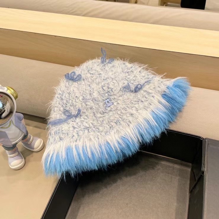 chanel复古仿貂毛冬季渔夫帽2024设计感蝴蝶结白色毛线帽显脸小毛毛盆帽