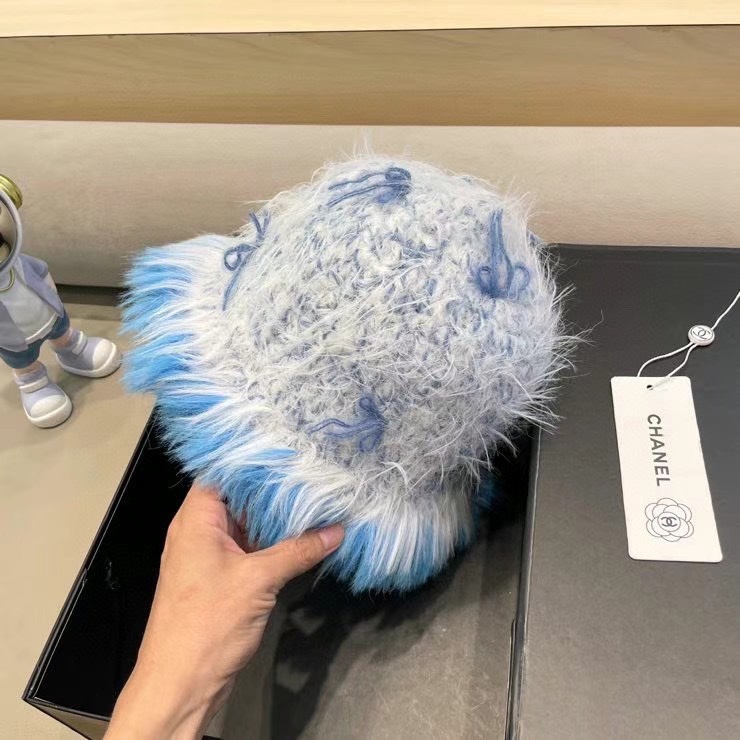 chanel复古仿貂毛冬季渔夫帽2024设计感蝴蝶结白色毛线帽显脸小毛毛盆帽