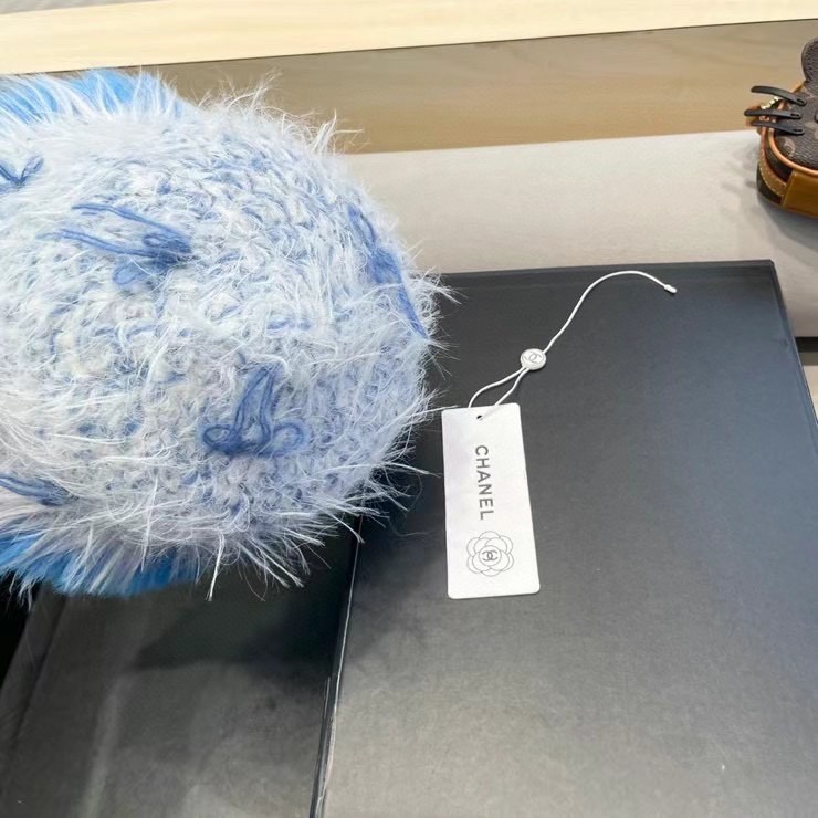 chanel复古仿貂毛冬季渔夫帽2024设计感蝴蝶结白色毛线帽显脸小毛毛盆帽