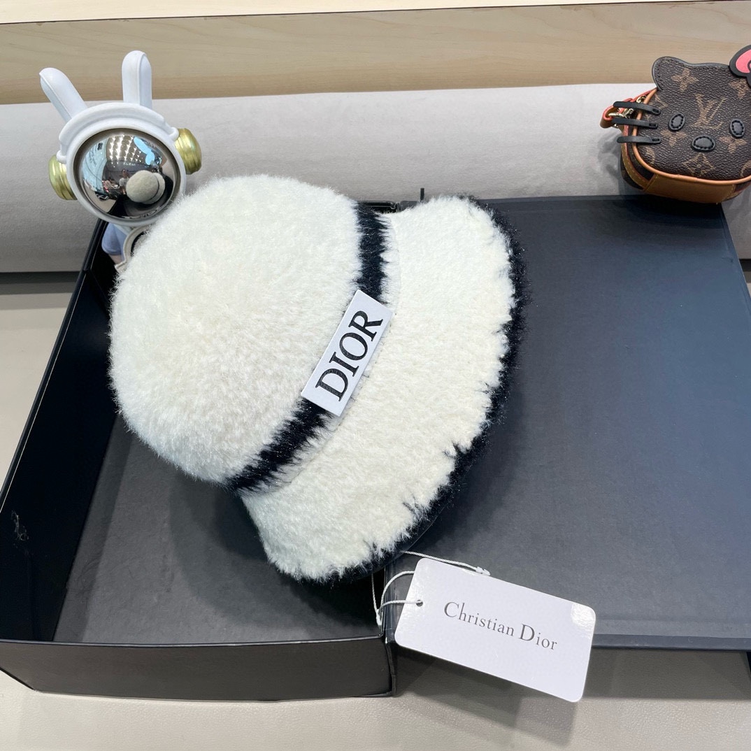 Dior秋冬加绒渔夫帽2024新款帽子女韩版毛绒气质百搭显脸小水桶帽盆帽