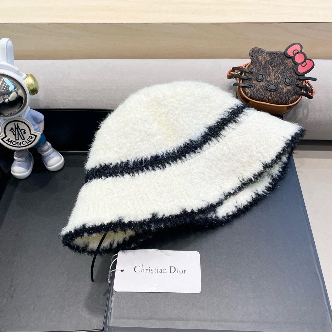 Dior秋冬加绒渔夫帽2024新款帽子女韩版毛绒气质百搭显脸小水桶帽盆帽