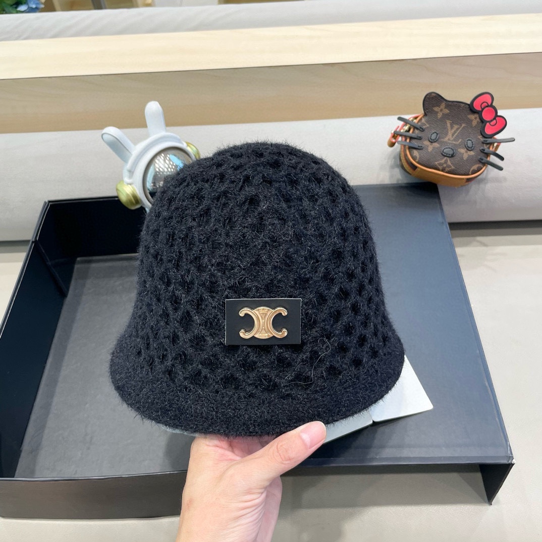 Celine秋冬百搭小众显瘦毛线水桶帽子女时尚短遮圆顶针织渔夫帽时尚盆帽