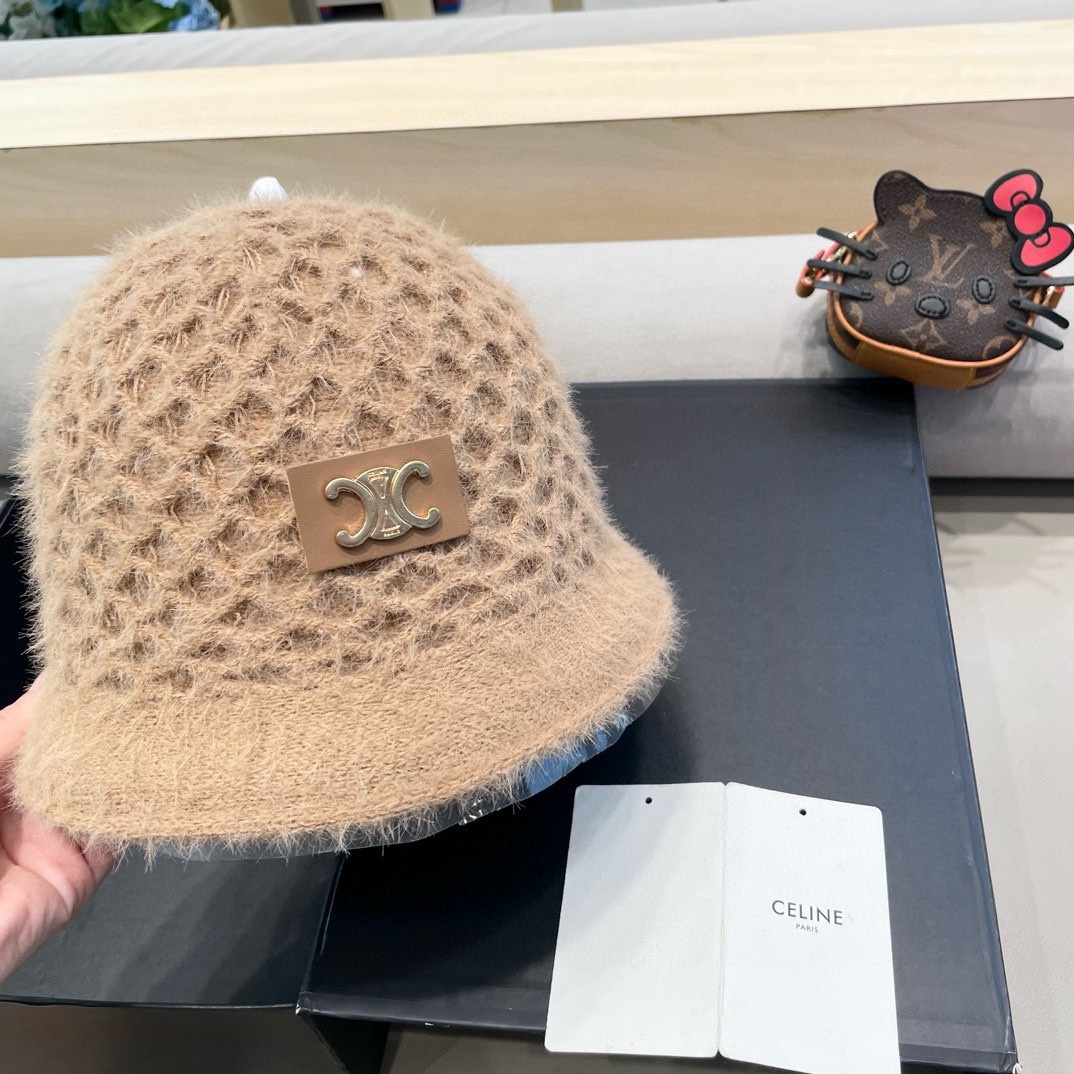 Celine秋冬百搭小众显瘦毛线水桶帽子女时尚短遮圆顶针织渔夫帽时尚盆帽