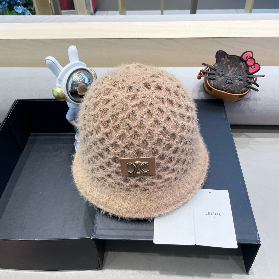 Celine秋冬百搭小众显瘦毛线水桶帽子女时尚短遮圆顶针织渔夫帽时尚盆帽