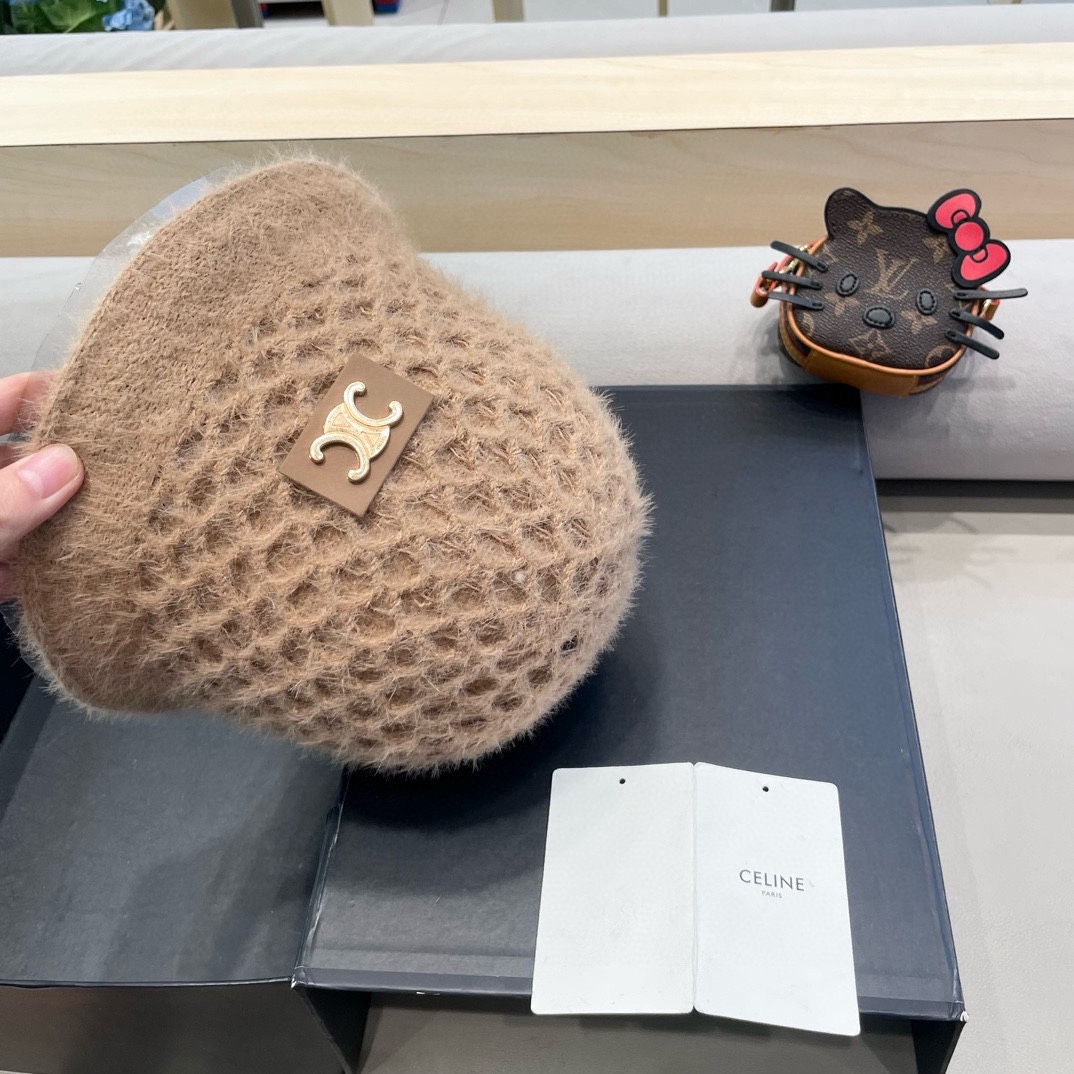 Celine秋冬百搭小众显瘦毛线水桶帽子女时尚短遮圆顶针织渔夫帽时尚盆帽