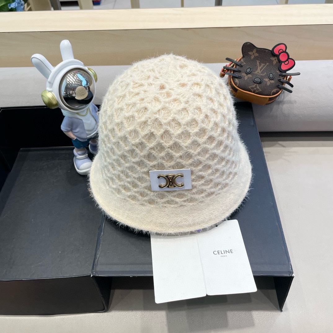 Celine秋冬百搭小众显瘦毛线水桶帽子女时尚短遮圆顶针织渔夫帽时尚盆帽