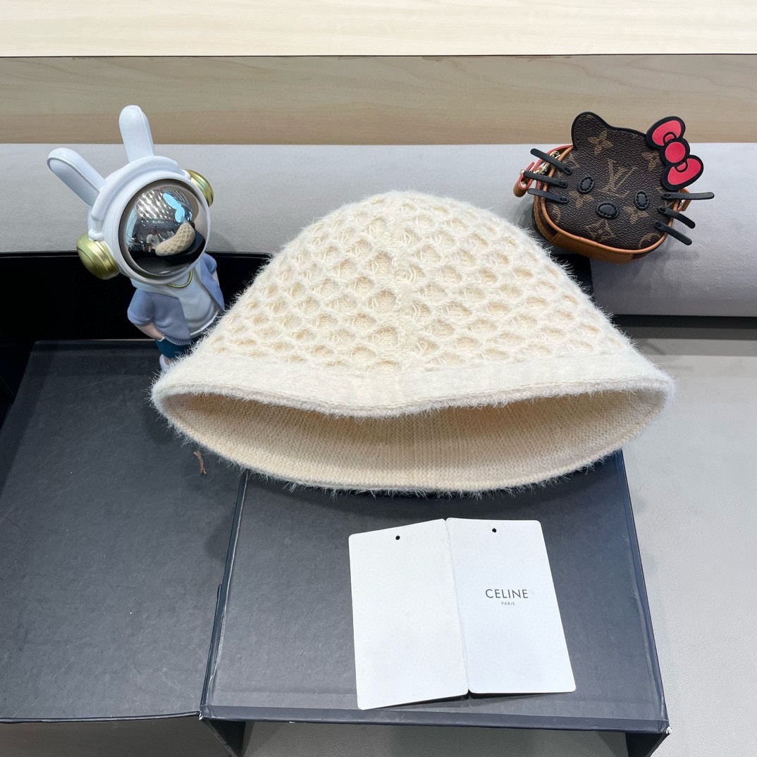 Celine秋冬百搭小众显瘦毛线水桶帽子女时尚短遮圆顶针织渔夫帽时尚盆帽