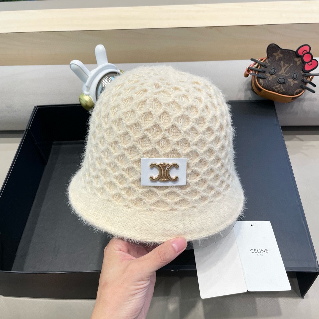 Celine秋冬百搭小众显瘦毛线水桶帽子女时尚短遮圆顶针织渔夫帽时尚盆帽
