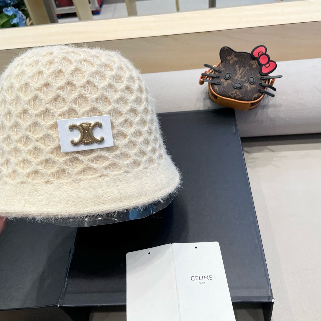 Celine秋冬百搭小众显瘦毛线水桶帽子女时尚短遮圆顶针织渔夫帽时尚盆帽