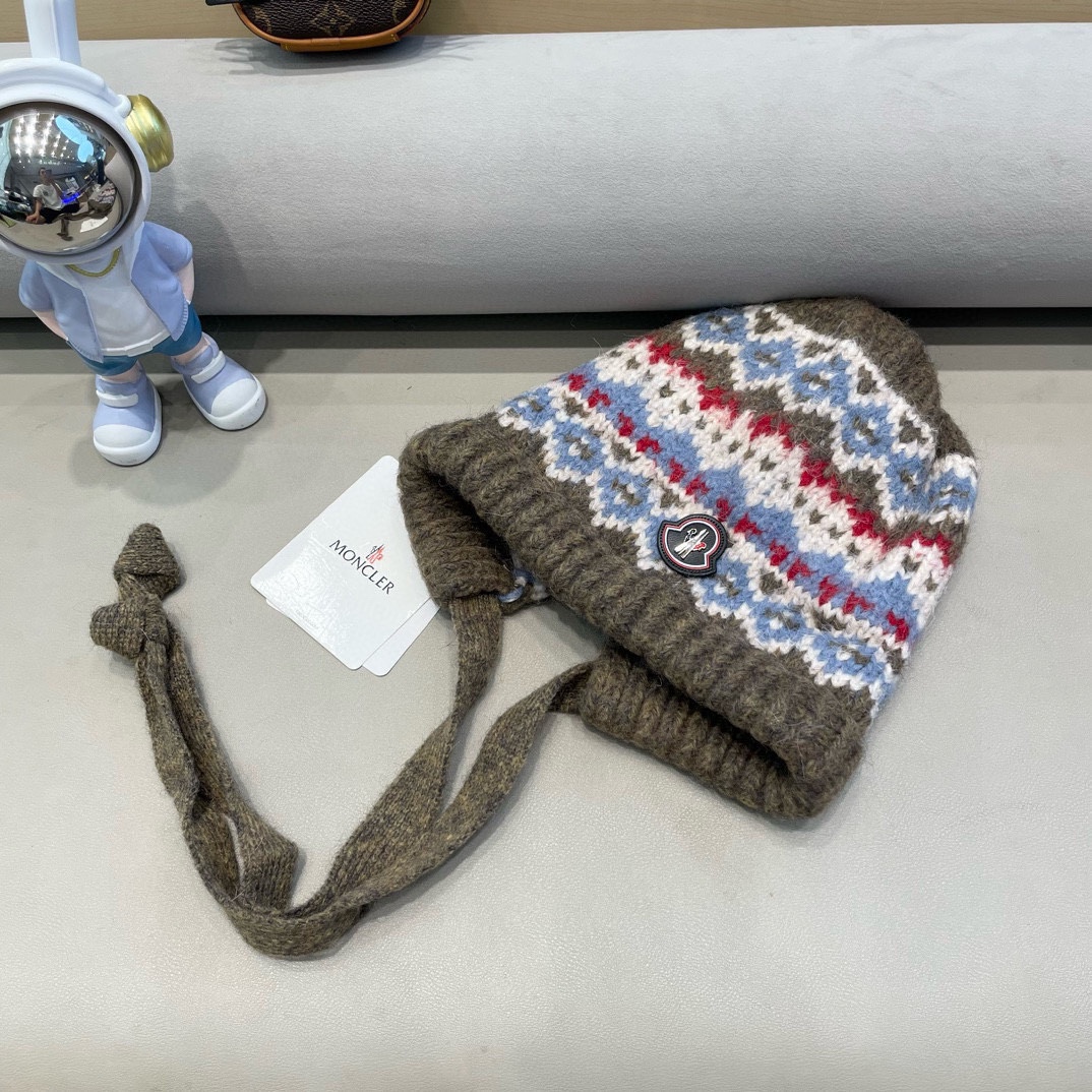 moncler费尔岛风针织帽子女冬季复古巴拉克拉法帽包包帽保暖护耳毛线帽潮