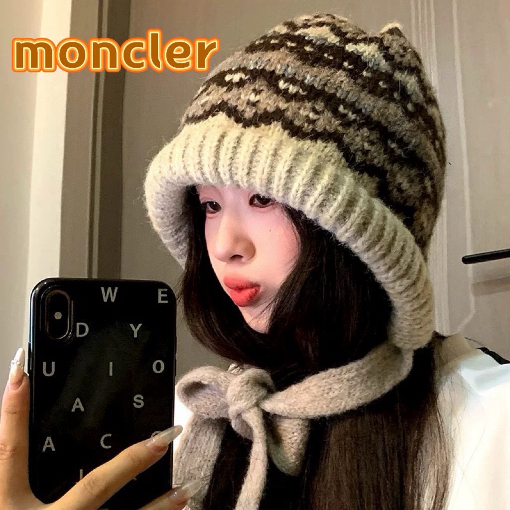 moncler费尔岛风针织帽子女冬季复古巴拉克拉法帽包包帽保暖护耳毛线帽潮