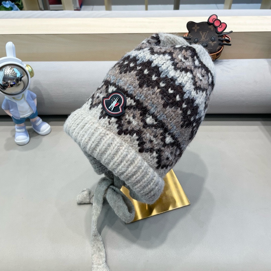 moncler费尔岛风针织帽子女冬季复古巴拉克拉法帽包包帽保暖护耳毛线帽潮