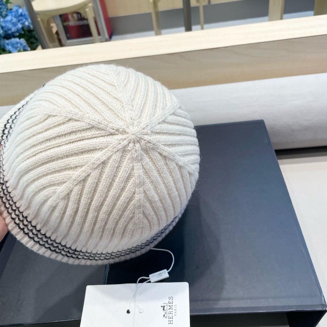 HERMÈS (爱马仕)复古条纹拼色兔毛针织水桶渔夫帽子女秋冬网红保暖显脸小盆帽