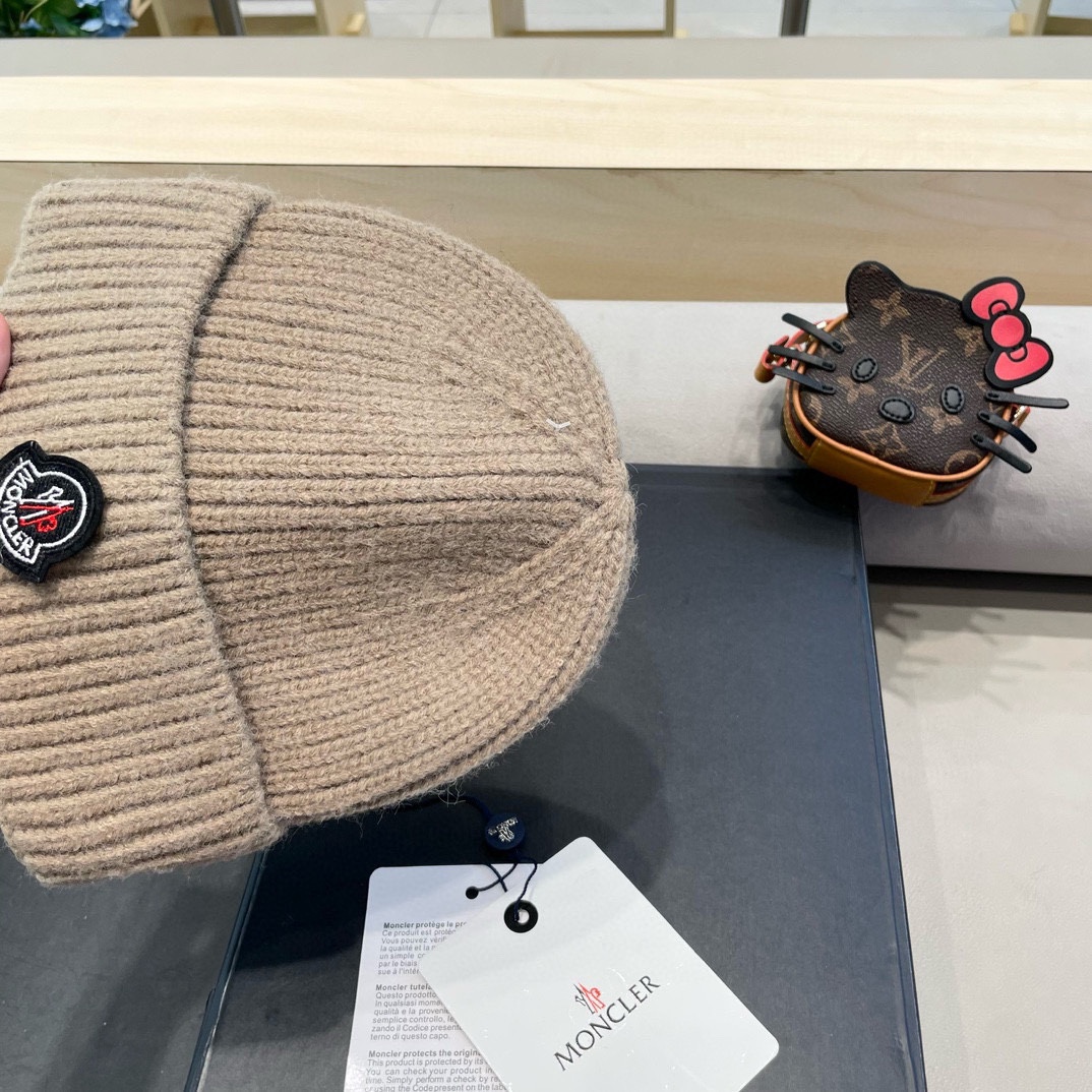 moncler秋冬户外纯色针织帽日系百搭显脸小保暖护耳堆堆帽套头毛线帽子女