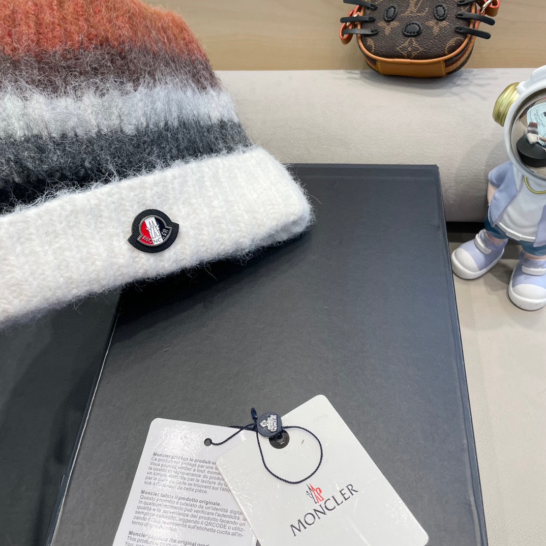 monvler拼色条纹百搭毛绒针织帽子女秋冬保暖显脸小包头帽网红休闲毛线帽