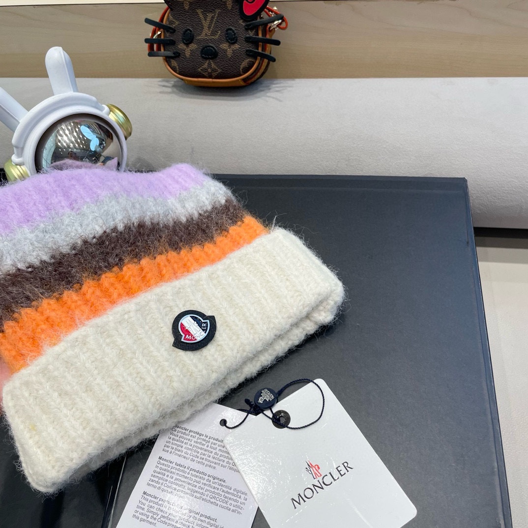 monvler拼色条纹百搭毛绒针织帽子女秋冬保暖显脸小包头帽网红休闲毛线帽