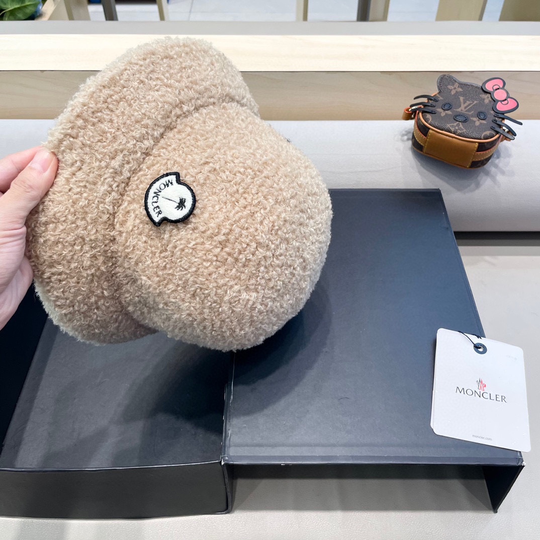 moncler羊羔绒帽子女冬款2024新款渔夫帽女士秋冬季毛绒百搭防寒保暖盆帽