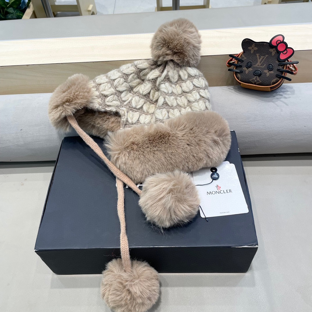moncler毛绒绒爱心格纹流苏针织帽子女2024秋冬季加厚保暖户外防寒毛线帽