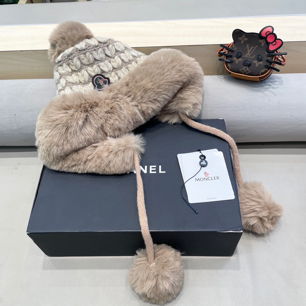 moncler毛绒绒爱心格纹流苏针织帽子女2024秋冬季加厚保暖户外防寒毛线帽