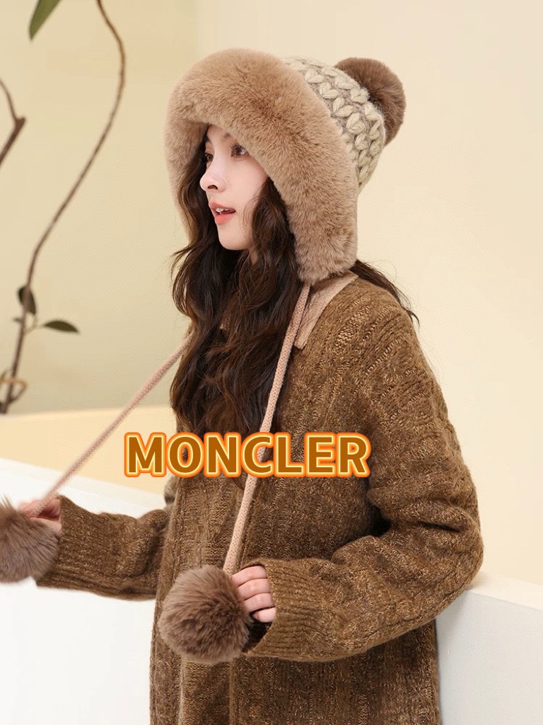 moncler毛绒绒爱心格纹流苏针织帽子女2024秋冬季加厚保暖户外防寒毛线帽