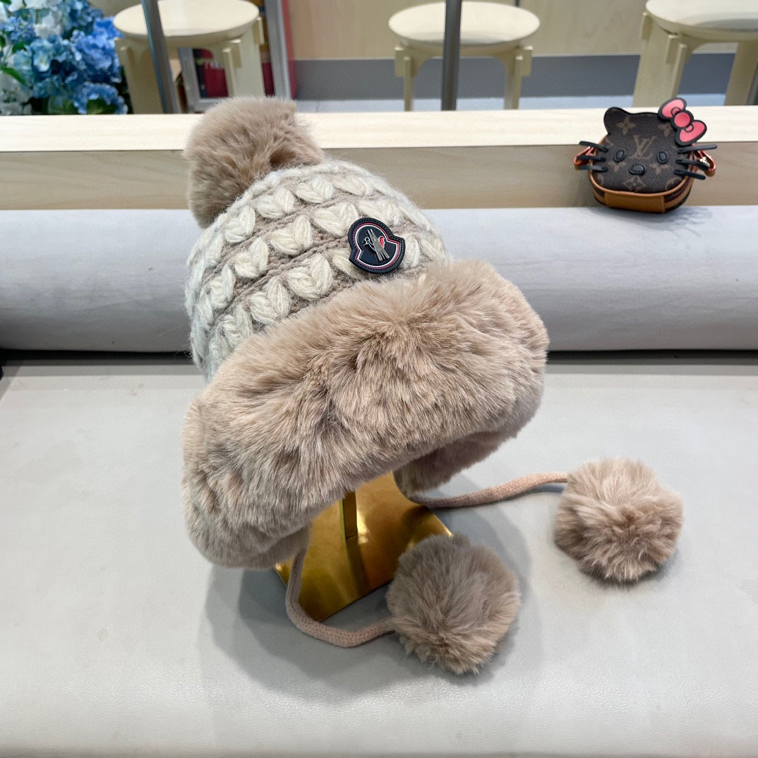 moncler毛绒绒爱心格纹流苏针织帽子女2024秋冬季加厚保暖户外防寒毛线帽