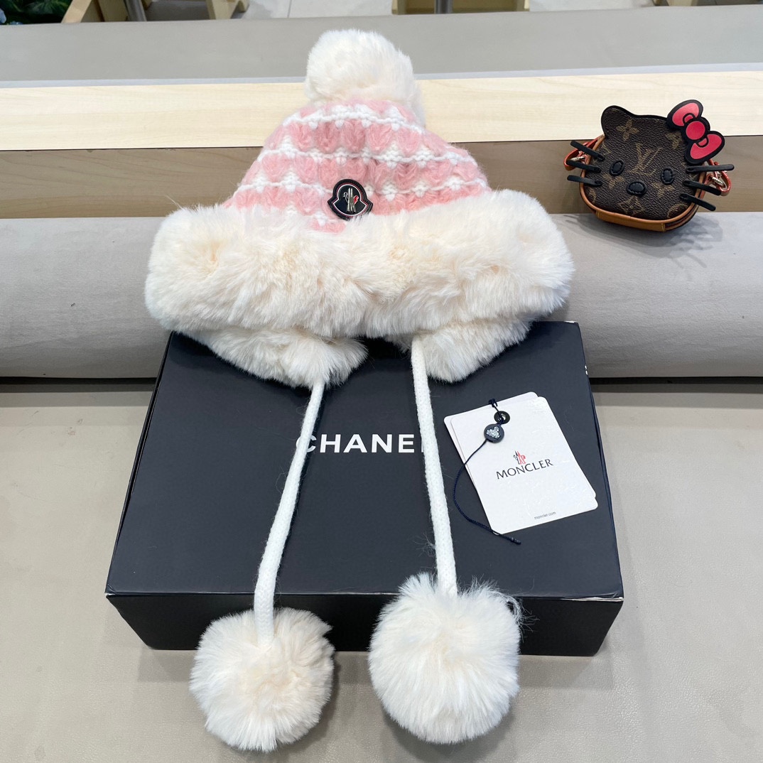 moncler毛绒绒爱心格纹流苏针织帽子女2024秋冬季加厚保暖户外防寒毛线帽