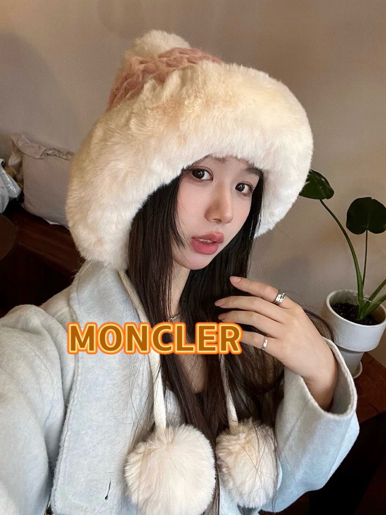 moncler毛绒绒爱心格纹流苏针织帽子女2024秋冬季加厚保暖户外防寒毛线帽
