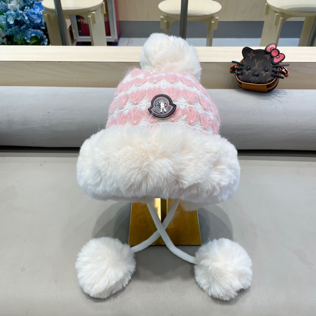 moncler毛绒绒爱心格纹流苏针织帽子女2024秋冬季加厚保暖户外防寒毛线帽