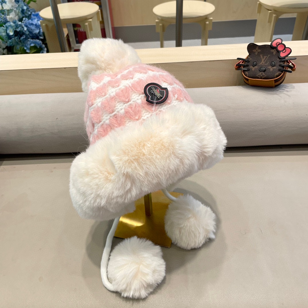 moncler毛绒绒爱心格纹流苏针织帽子女2024秋冬季加厚保暖户外防寒毛线帽