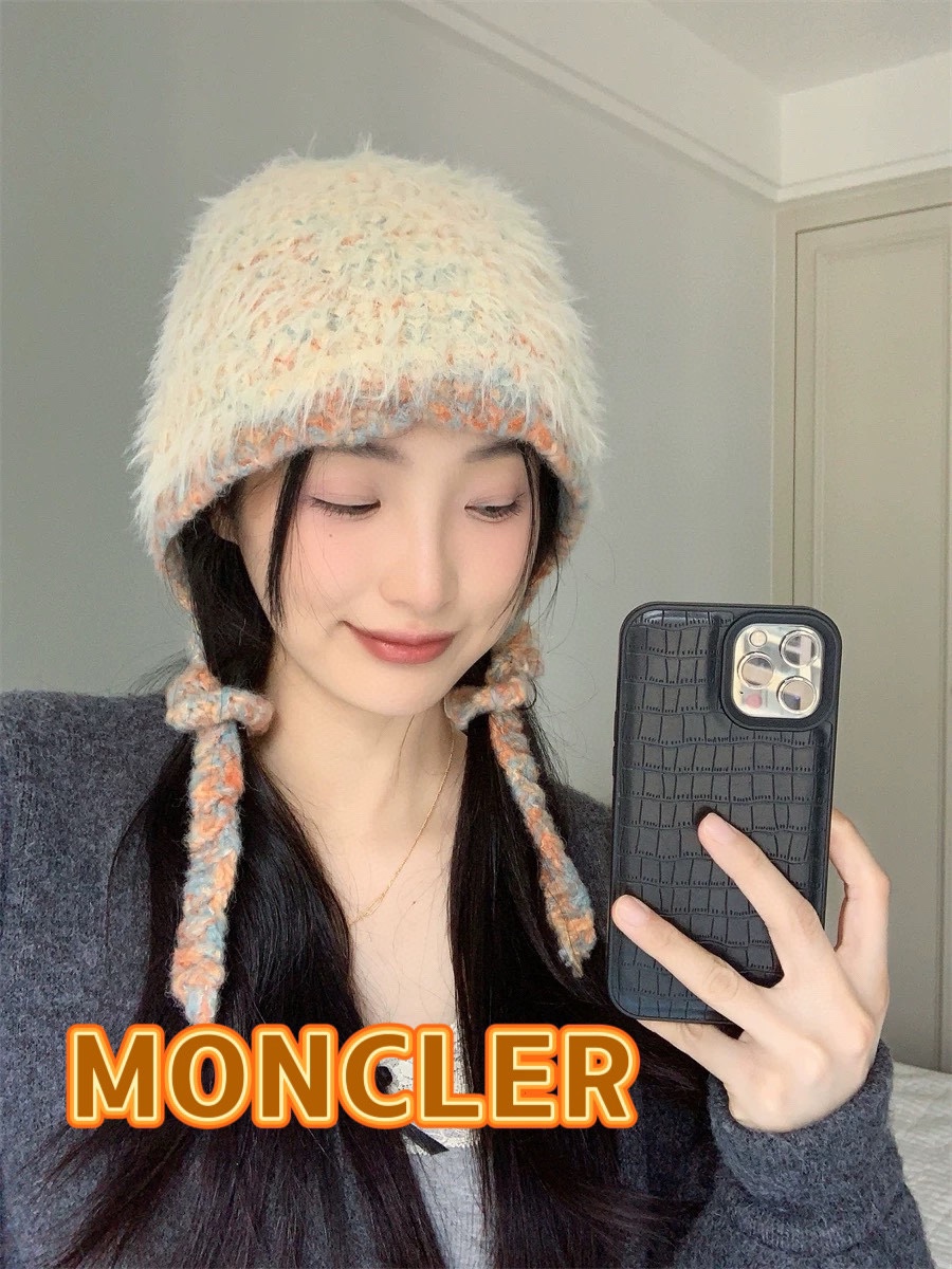 MONCLER蒙口2024新款手工编织混色绑带毛绒帽子女秋冬季保暖百搭毛线护耳帽潮