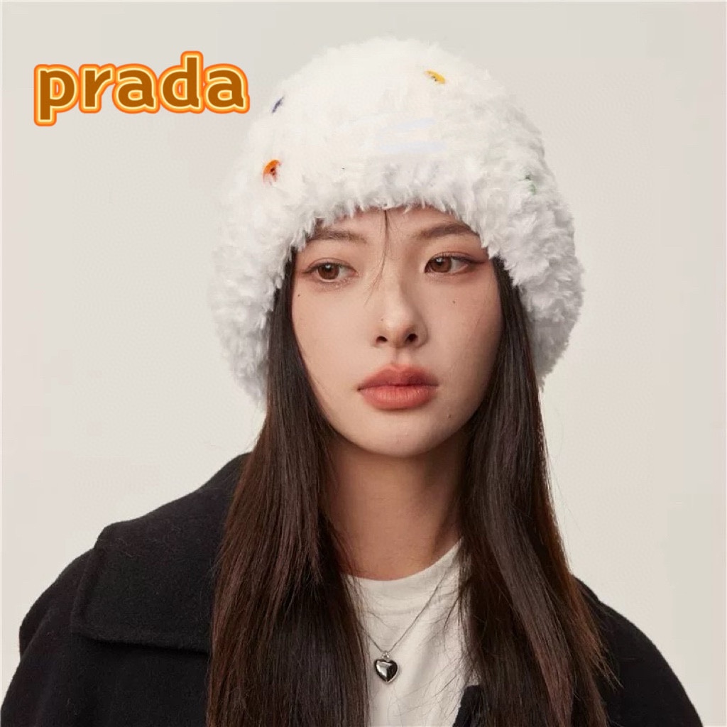 普拉达Prada2024新款毛茸茸的毛绒渔夫帽女秋冬帽子冬款针织盆帽鱼夫女帽冬季