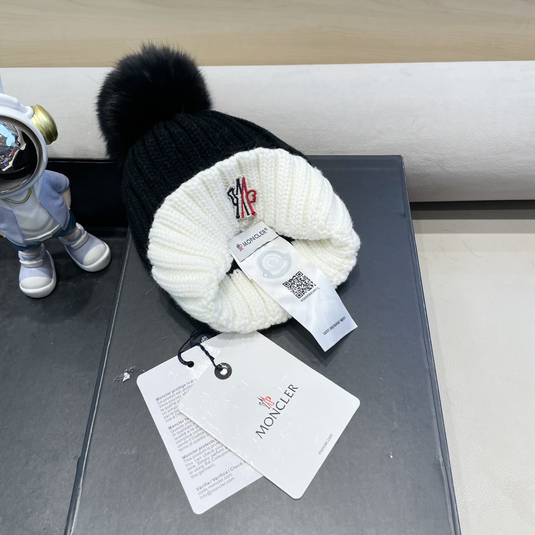 moncler2024新款蒙口冬季纯羊毛保暖百搭白色儿童保暖针织帽欧美小红书推