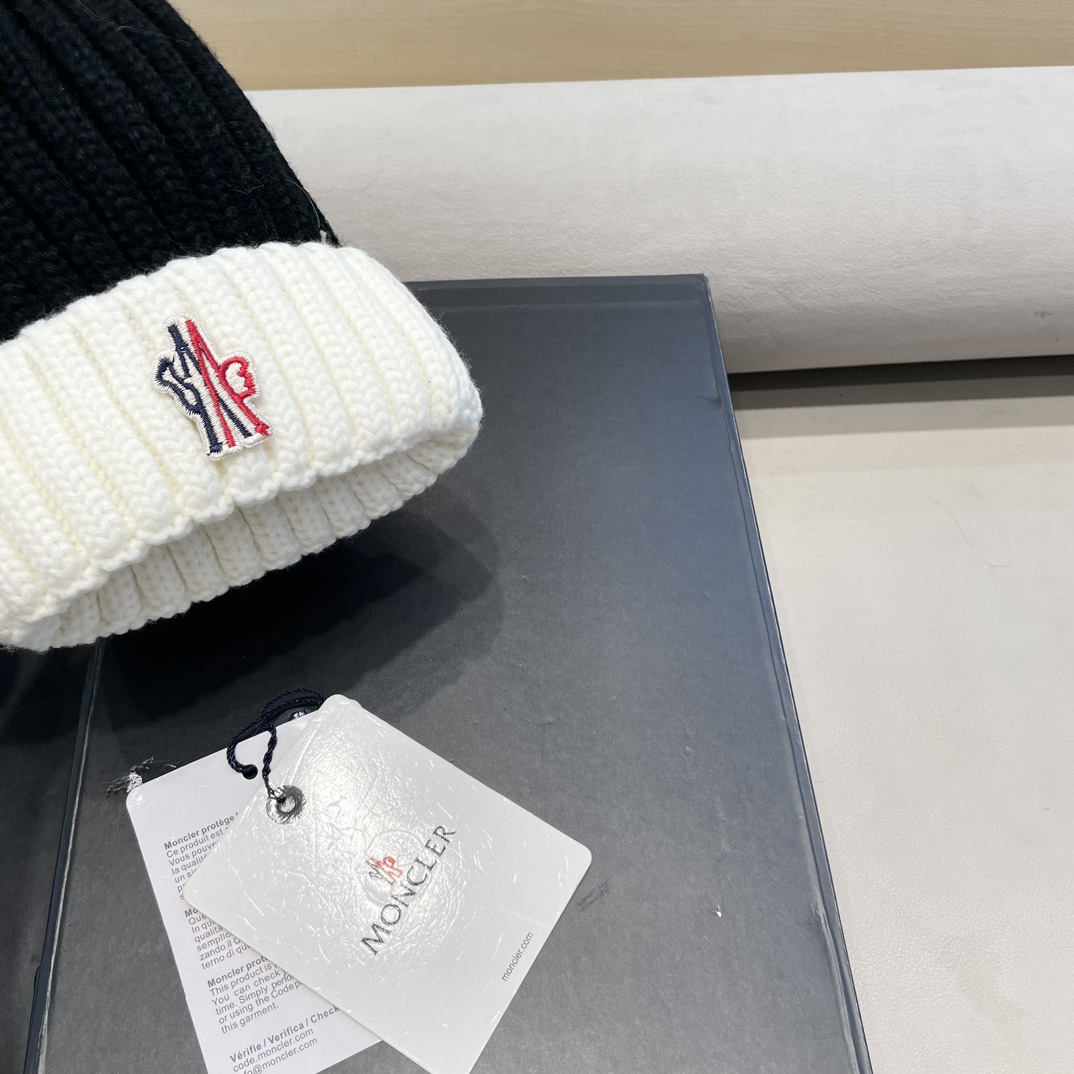 moncler2024新款蒙口冬季纯羊毛保暖百搭白色儿童保暖针织帽欧美小红书推