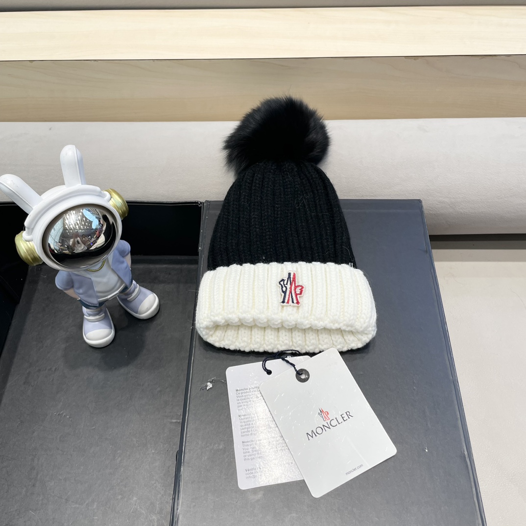 moncler2024新款蒙口冬季纯羊毛保暖百搭白色儿童保暖针织帽欧美小红书推