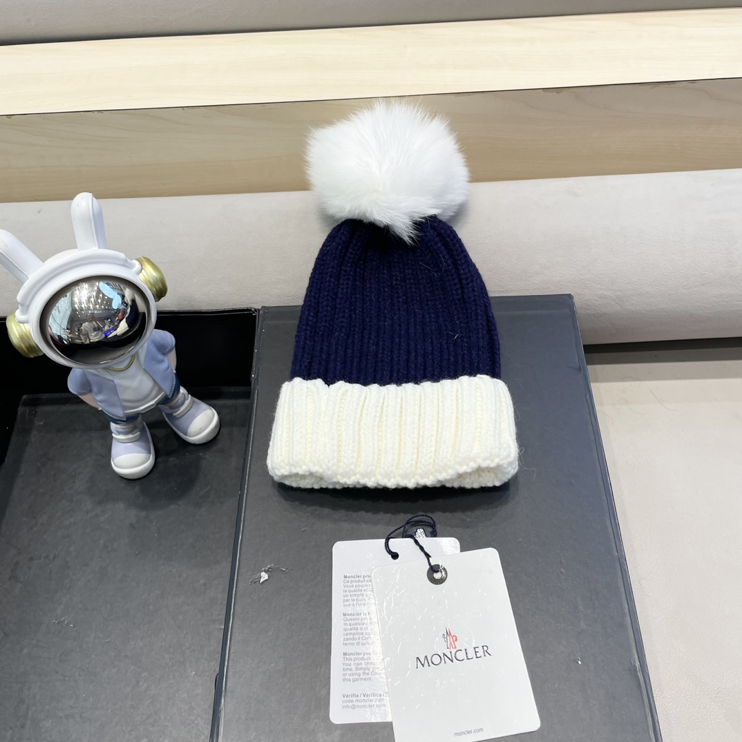 moncler2024新款蒙口冬季纯羊毛保暖百搭白色儿童保暖针织帽欧美小红书推