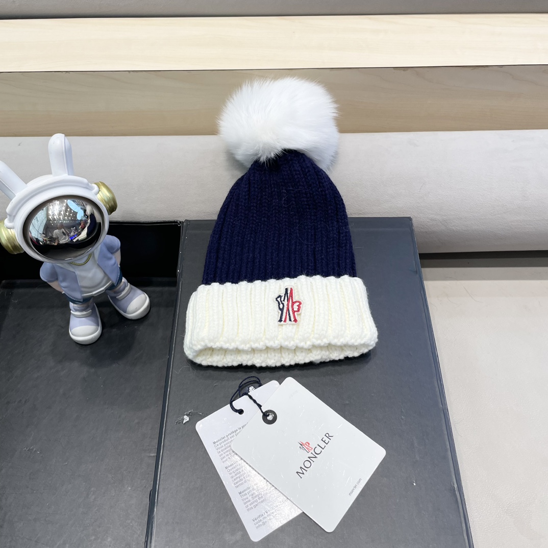 moncler2024新款蒙口冬季纯羊毛保暖百搭白色儿童保暖针织帽欧美小红书推