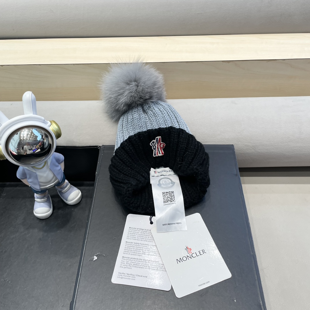 moncler2024新款蒙口冬季纯羊毛保暖百搭白色儿童保暖针织帽欧美小红书推