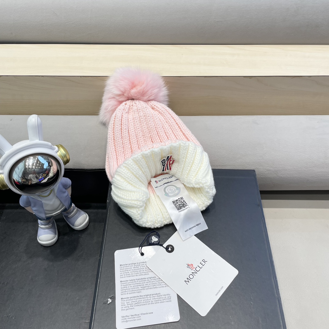 moncler2024新款蒙口冬季纯羊毛保暖百搭白色儿童保暖针织帽欧美小红书推