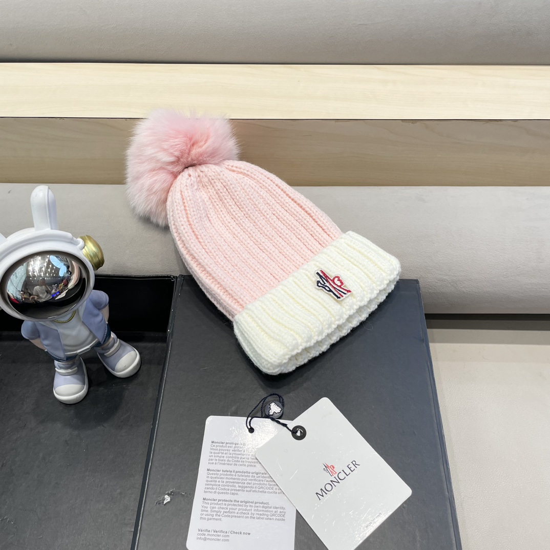 moncler2024新款蒙口冬季纯羊毛保暖百搭白色儿童保暖针织帽欧美小红书推