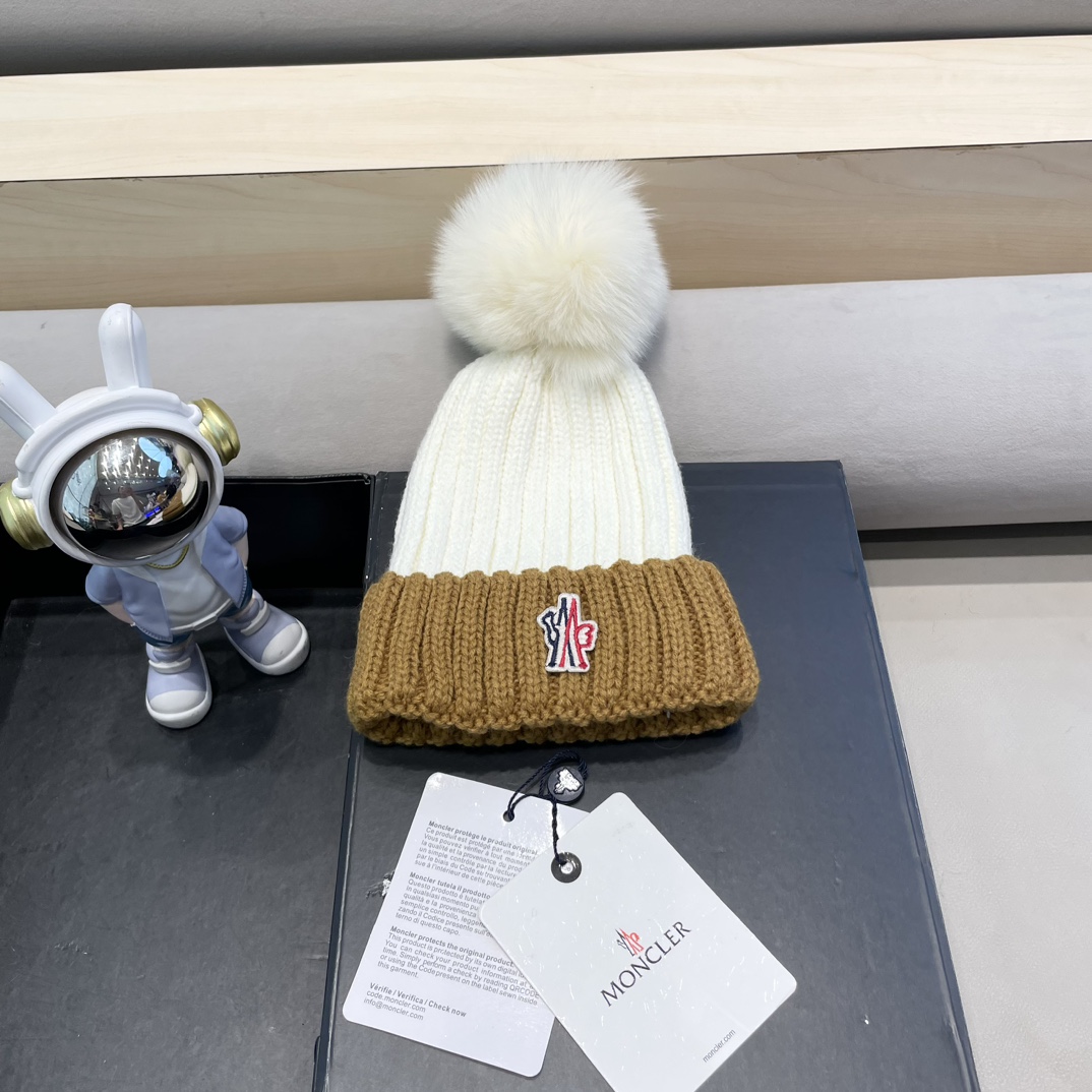 moncler2024新款蒙口冬季纯羊毛保暖百搭白色儿童保暖针织帽欧美小红书推