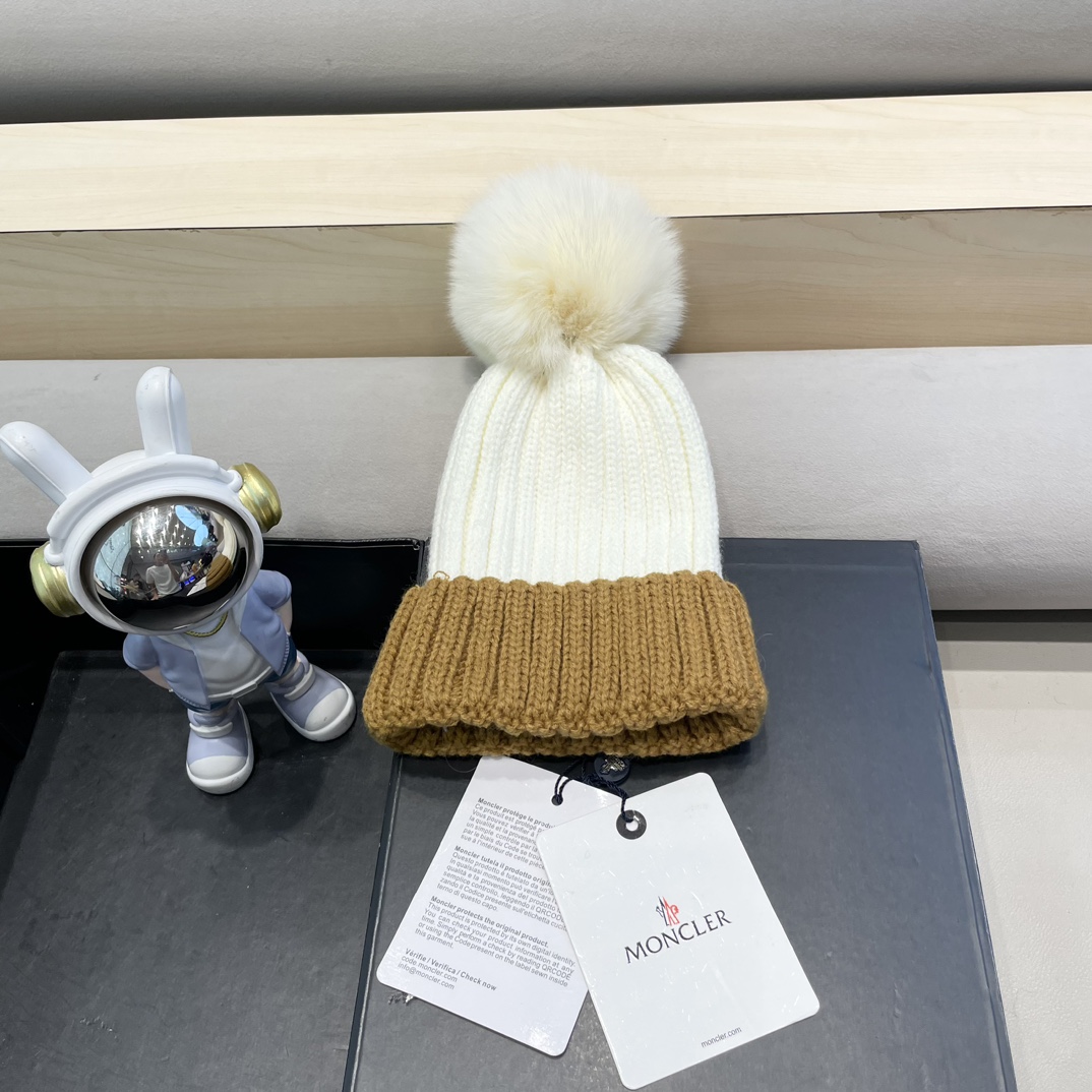 moncler2024新款蒙口冬季纯羊毛保暖百搭白色儿童保暖针织帽欧美小红书推