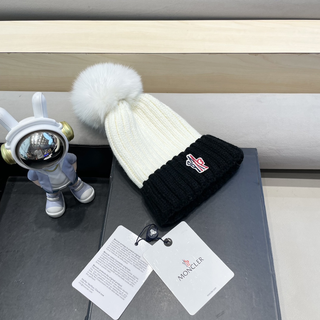 moncler2024新款蒙口冬季纯羊毛保暖百搭白色儿童保暖针织帽欧美小红书推